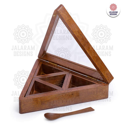 Wooden Handmade Masala Box/Spice Box/Storage Box having 4 Detachable Containers, Brown Color