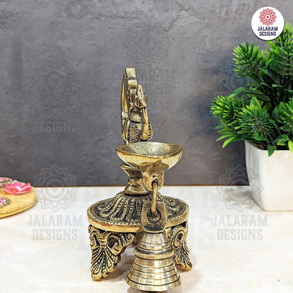 Antique Brass Peacock Diya with Bell