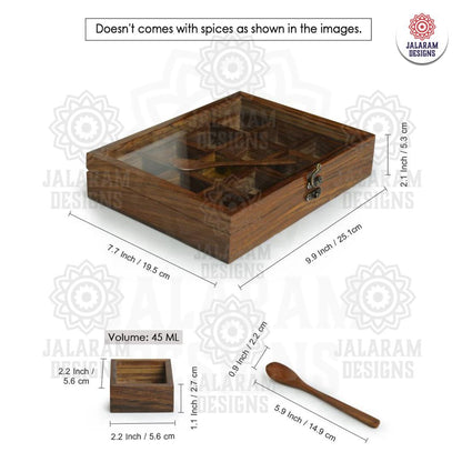 Wooden Handmade Rectangular Masala Box/Spice Box/Storage Box having 12 Square Detachable Containers, Brown Color