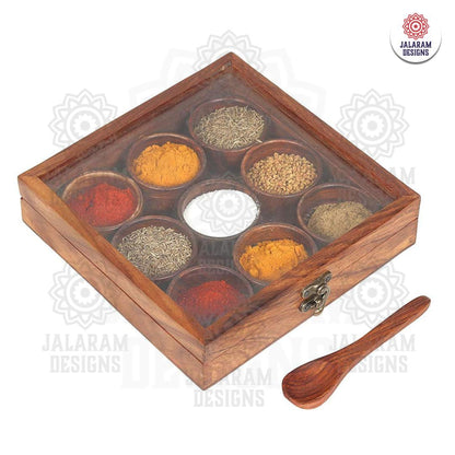 Wooden Handmade Square Masala Box/ Spice Box/ Storage Box having 9 Round Detachable Containers, Brown Color