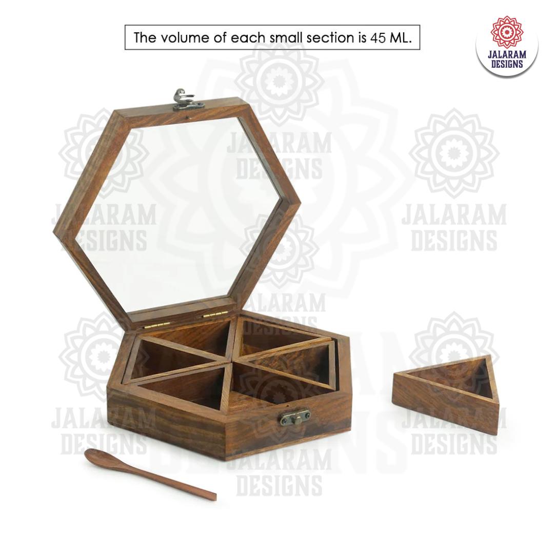 Wooden Handmade Masala Box/Spice Box/Storage Box having 6 Detachable Containers, Brown Color