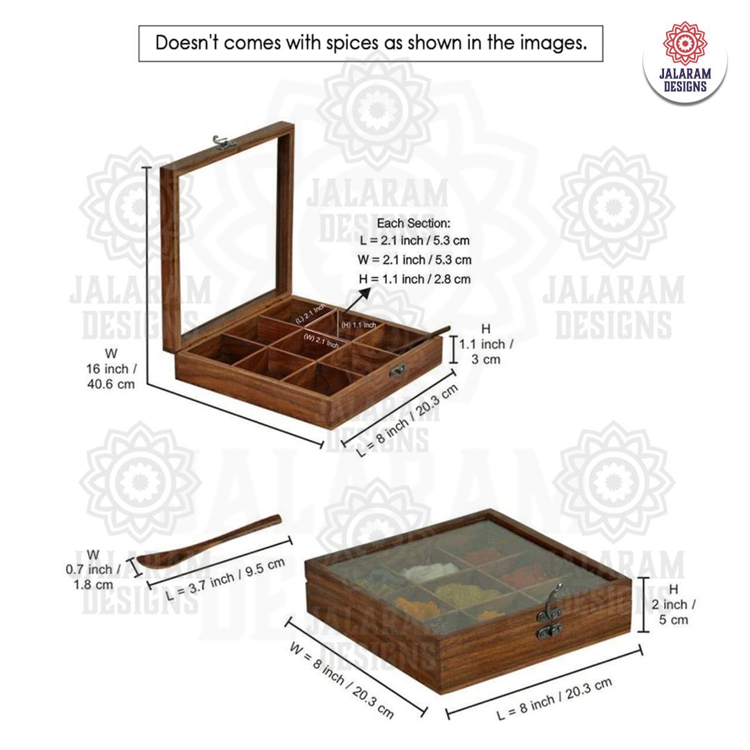 Wooden Handmade Square Masala Box/ Spice Box/ Storage Box having 9 Detachable Containers, Brown Color