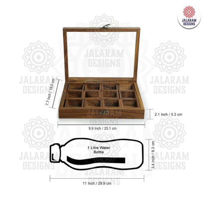 Wooden Handmade Rectangular Masala Box/Spice Box/Storage Box having 12 Square Detachable Containers, Brown Color