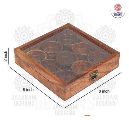 Wooden Handmade Square Masala Box/ Spice Box/ Storage Box having 9 Round Detachable Containers, Brown Color