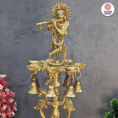 Brass Krishana Diya Stand with Bell