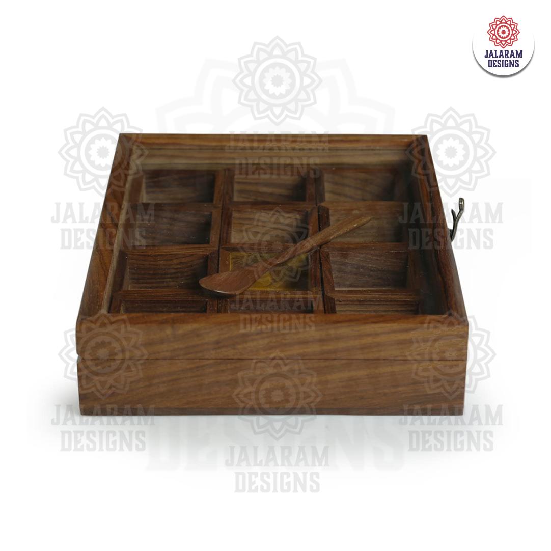 Wooden Handmade Rectangular Masala Box/Spice Box/Storage Box having 12 Square Detachable Containers, Brown Color