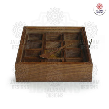 Wooden Handmade Rectangular Masala Box/Spice Box/Storage Box having 12 Square Detachable Containers, Brown Color