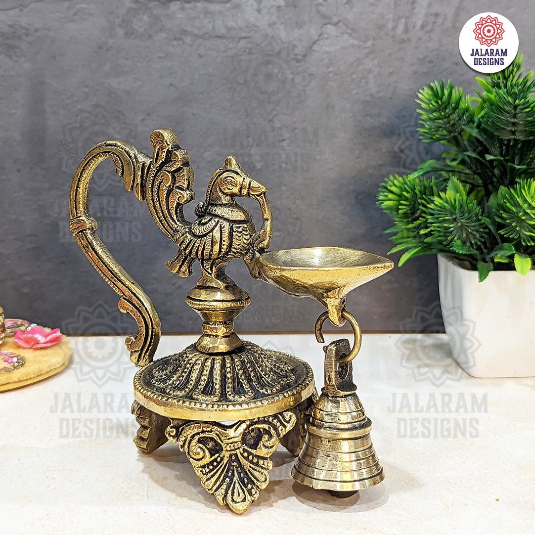 Antique Brass Peacock Diya with Bell