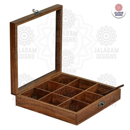 Wooden Handmade Square Masala Box/ Spice Box/ Storage Box having 9 Detachable Containers, Brown Color