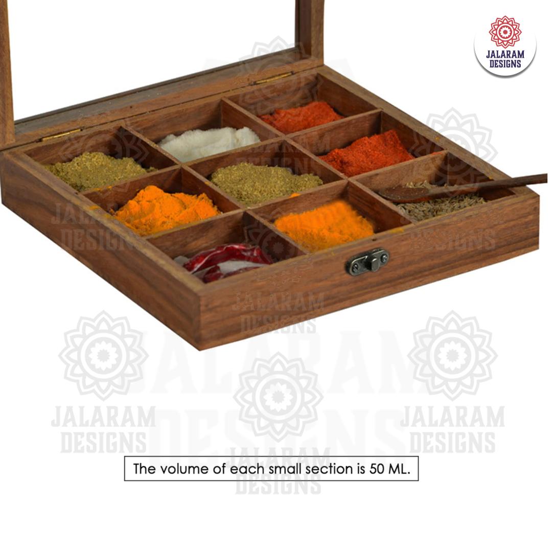 Wooden Handmade Square Masala Box/ Spice Box/ Storage Box having 9 Detachable Containers, Brown Color