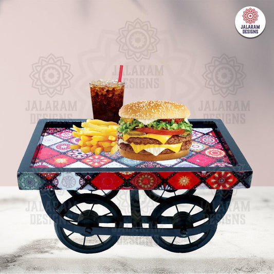 Serving Thela Cart Platter Trolley Platter for Dining Table, Kitchen Decor Wood Decorative Platter (Red)